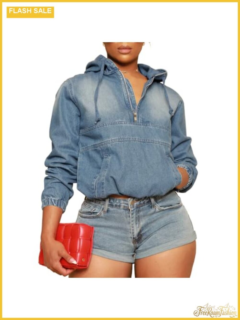 Women's Cotton Blend Half Zip Denim Hoodie Pullover Jacket